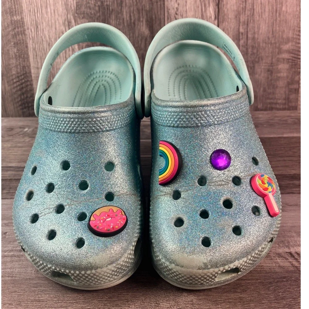 Crocs Classic Glitter Clog Aqua Blue Sparkle Kids Junior Size J1 Jibbitz Charms